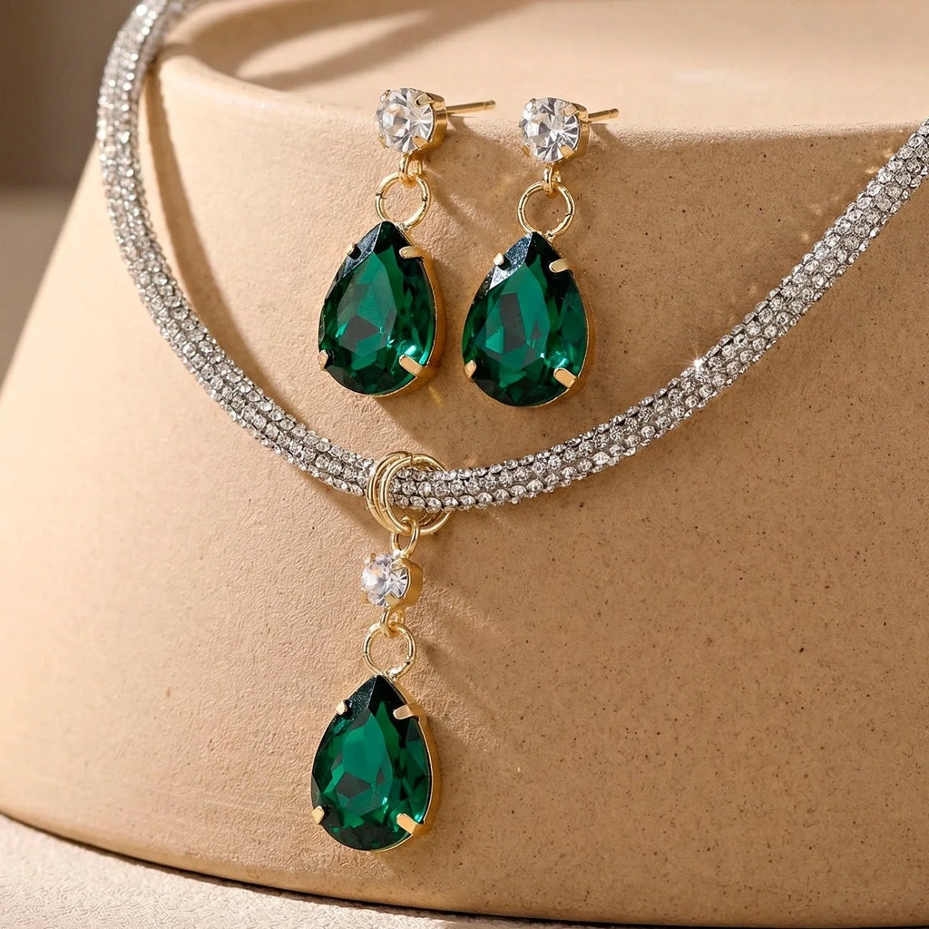 Damnstyle Necklace Anti-Tarnish Drop-Shaped Crystal Pendant Set With Earrings
