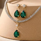 Damnstyle Necklace Anti-Tarnish Drop-Shaped Crystal Pendant Set With Earrings