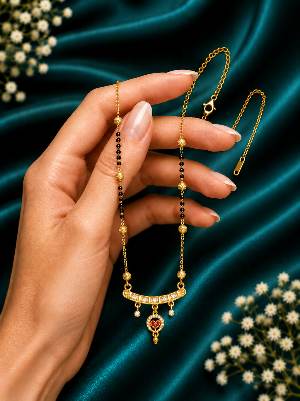 Damnstyle Gold Plated Black Bead Heart Charm Mangalsutra for Women