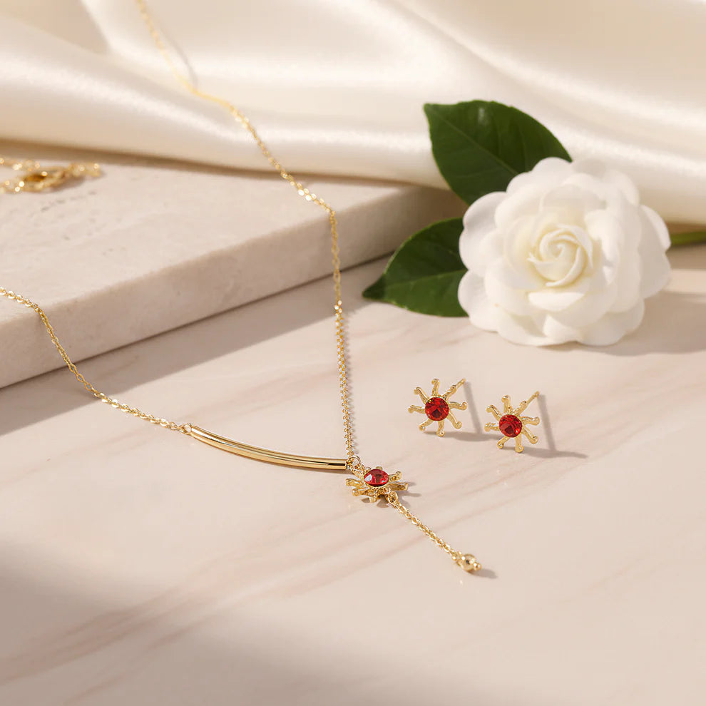 Damnstyle Necklace Anti-Tarnish Miniature Crystal Studded Sun Pendant Set With Earrings