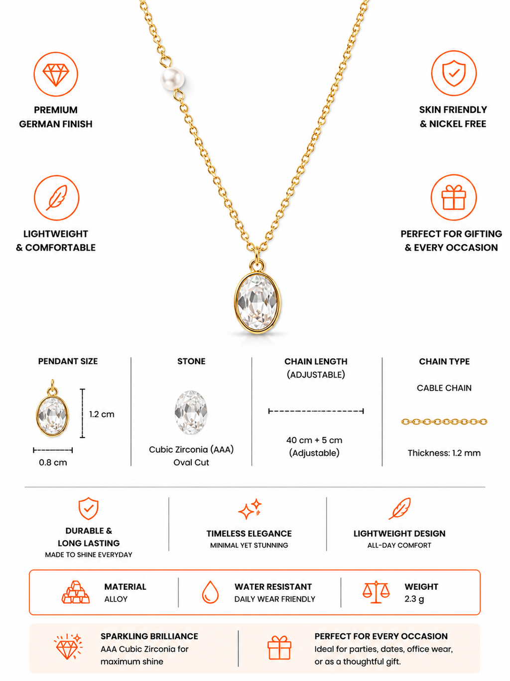 Damnstyle Anti-Tarnish Oval Crystal Pendant With Faux Pearl Accent
