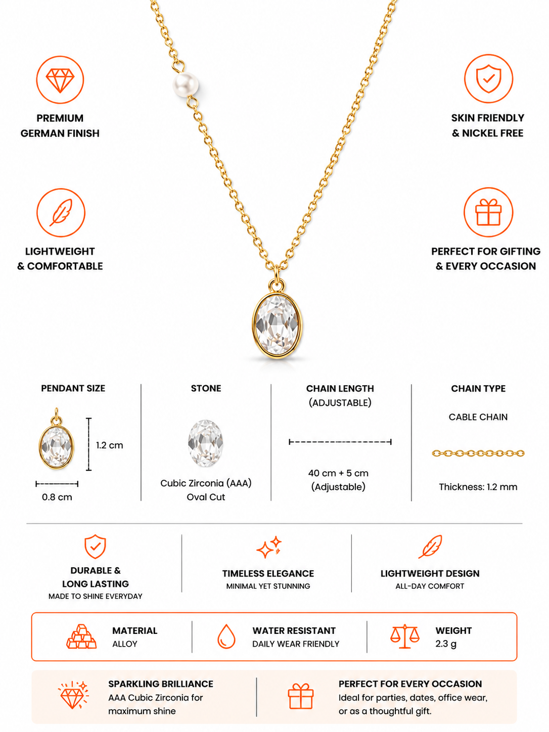 Damnstyle Anti-Tarnish Oval Crystal Pendant With Faux Pearl Accent