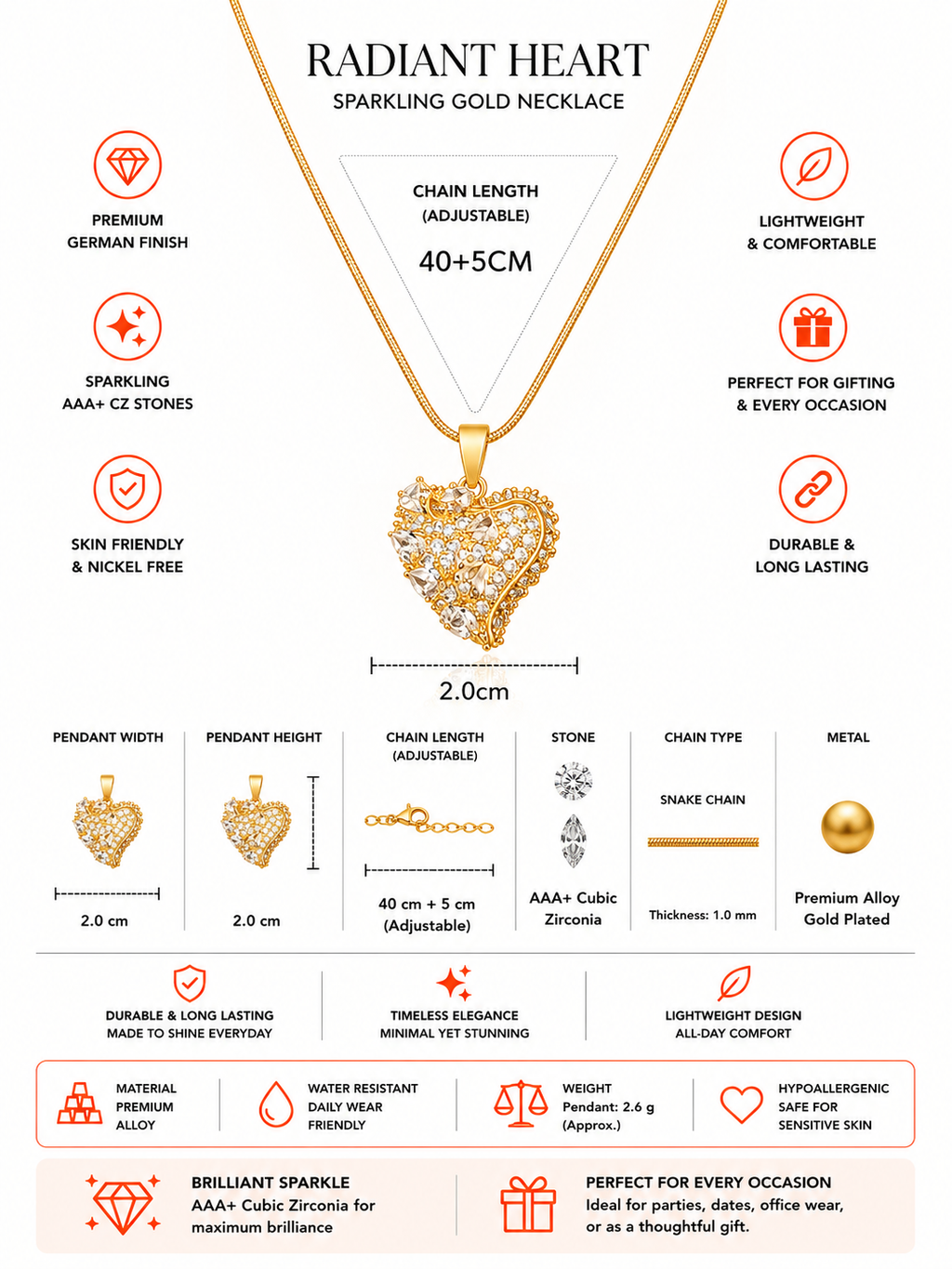 Gold Plated Heart Pendant Chain with AAA CZ Stones for Women
