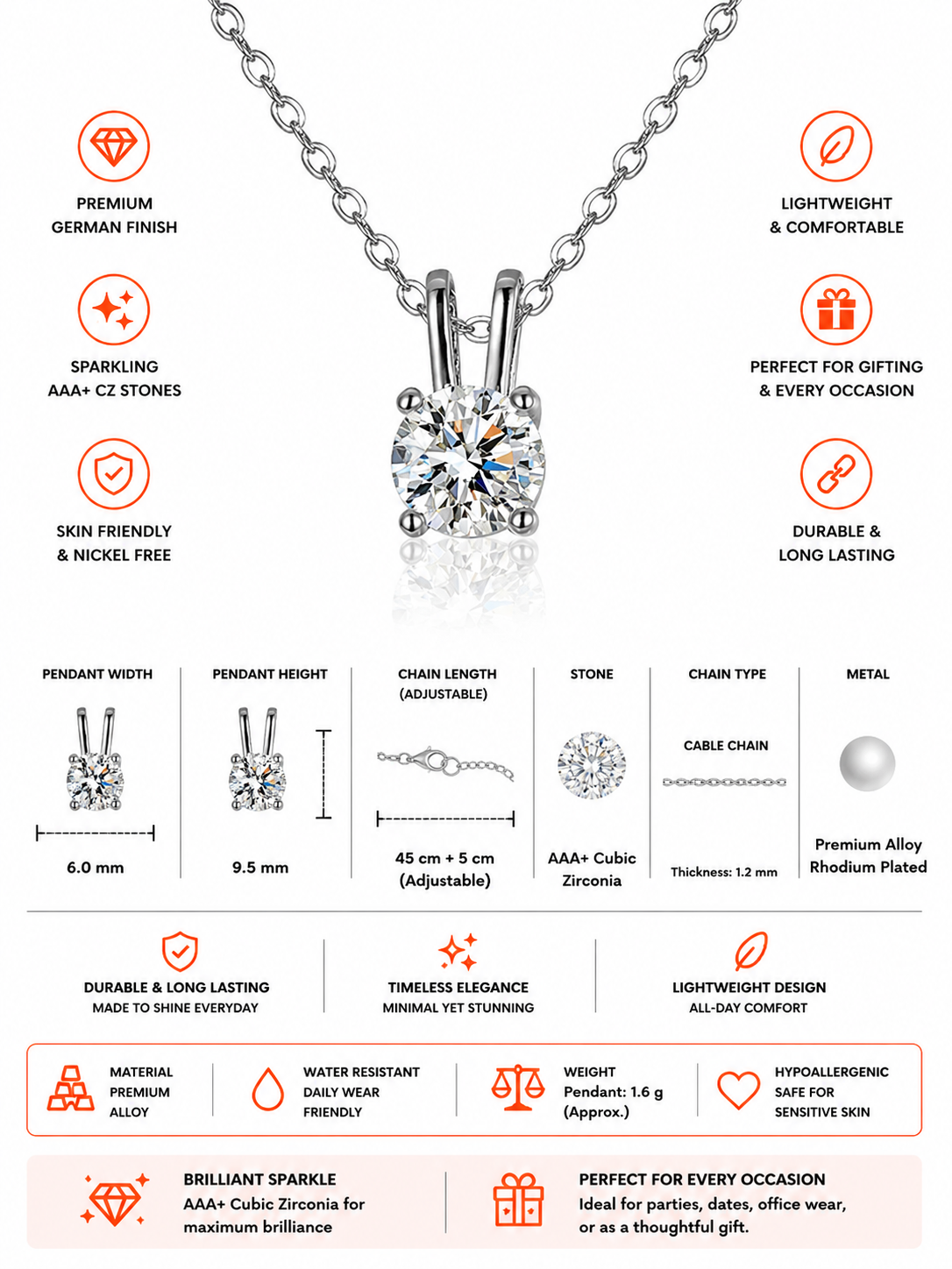 Damnstyle Silver-Plated Anti-Tarnish Crystal Circular Solitaire Pendant