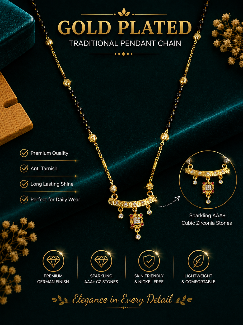 Damnstyle Gold Plated Black Bead CZ Pendant Mangalsutra for Women