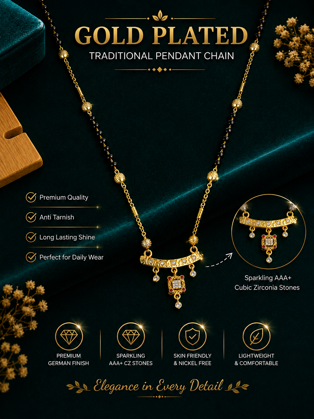 Damnstyle Gold Plated Black Bead CZ Pendant Mangalsutra for Women