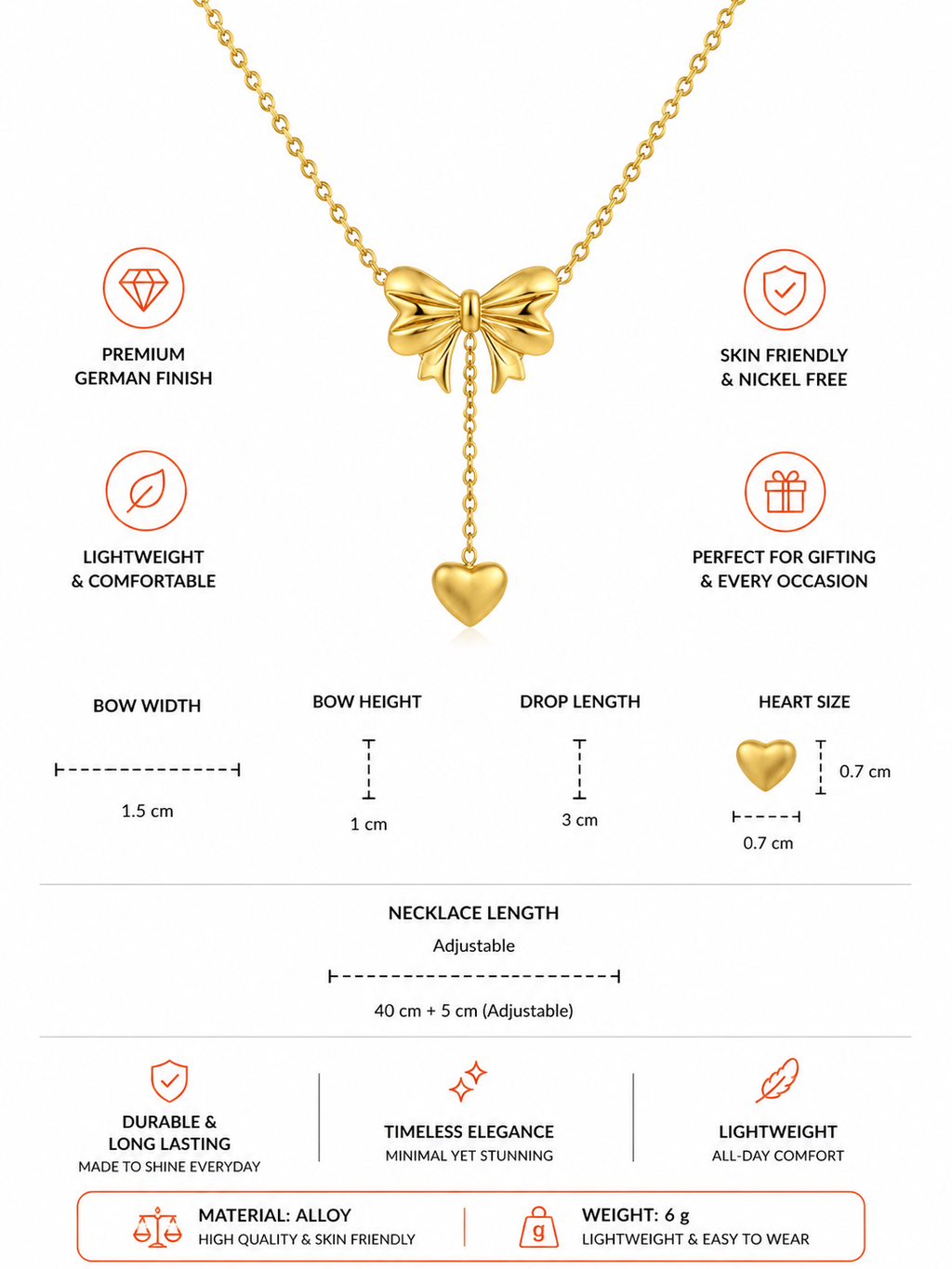 Damnstyle Gold-Plated Stainless Steel Anti-Tarnish Heart Bow Pendant