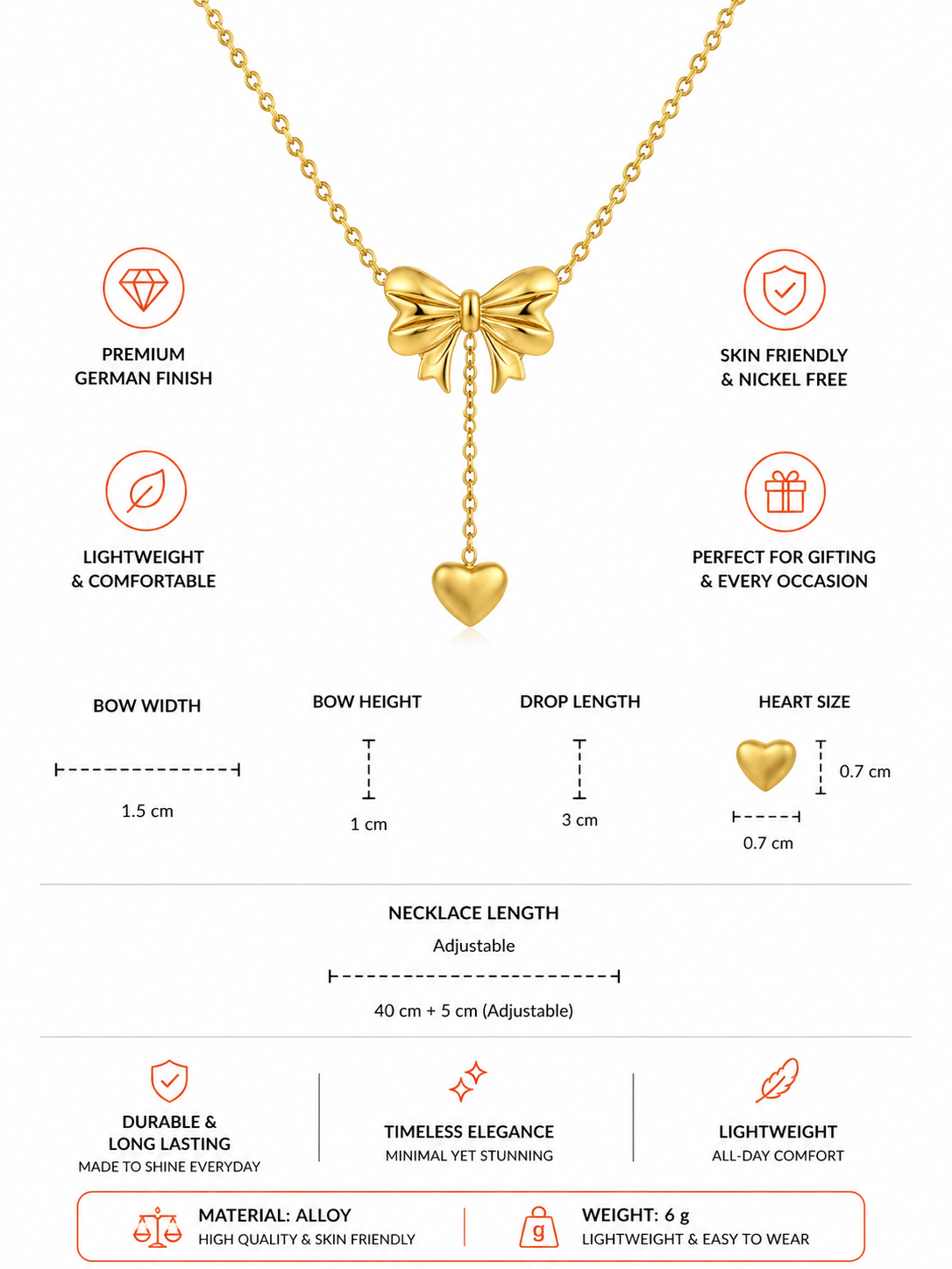 Damnstyle Gold-Plated Stainless Steel Anti-Tarnish Heart Bow Pendant