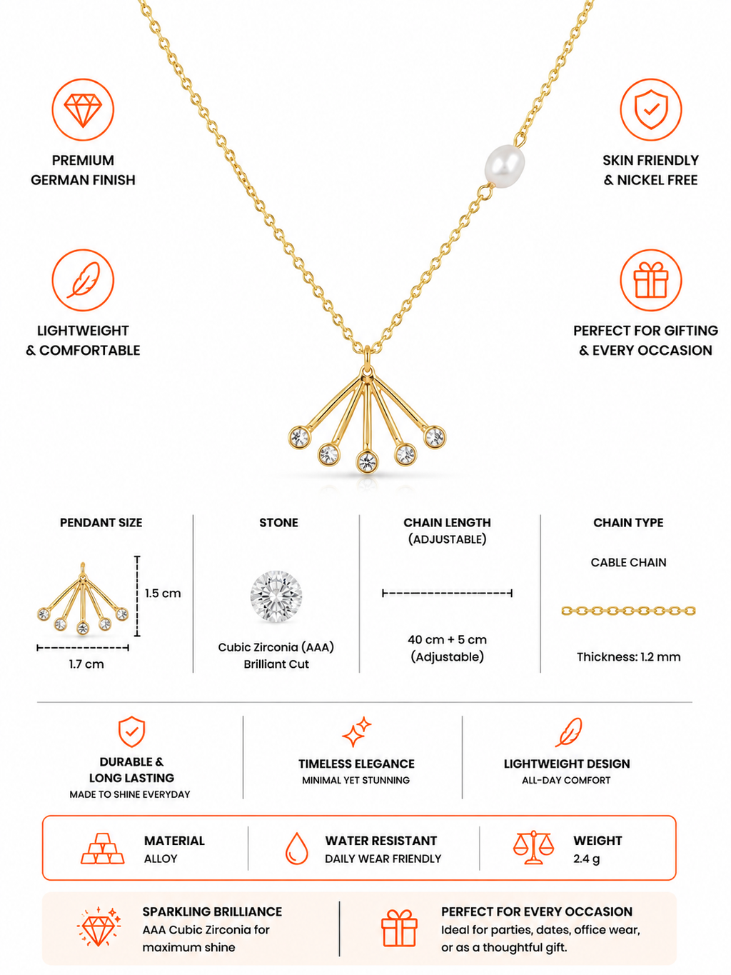 Damnstyle Anti-Tarnish Minimalist Pearl Fan Pendant