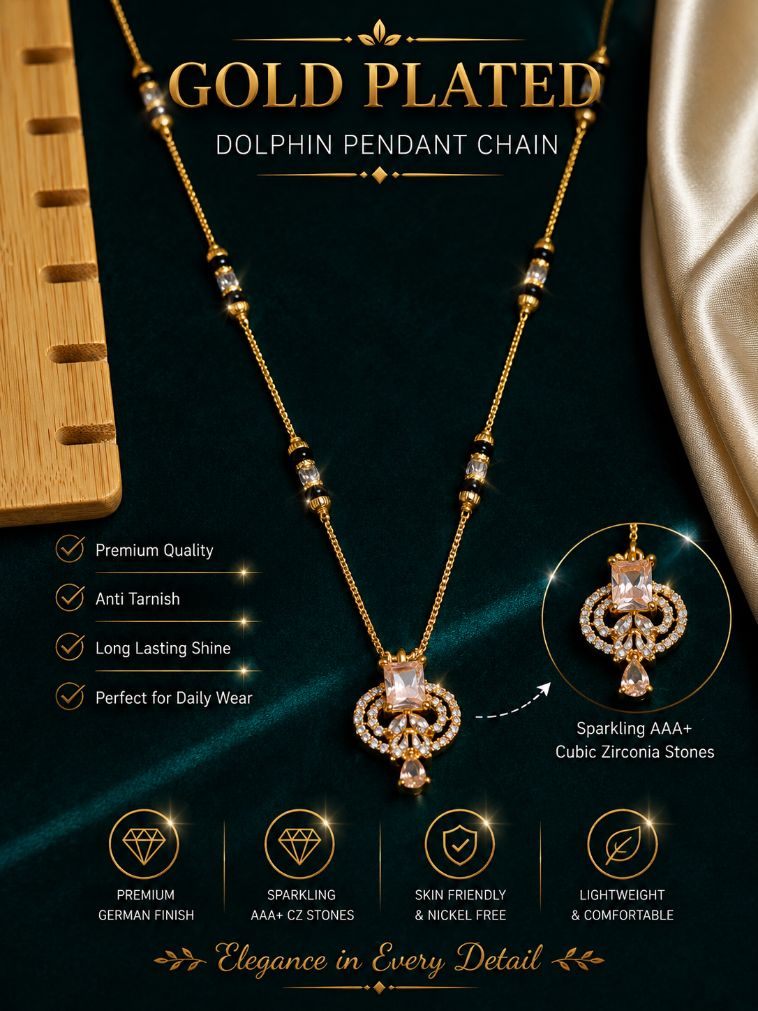 Damnstyle Gold Plated Mangalsutra with CZ Diamond for Women