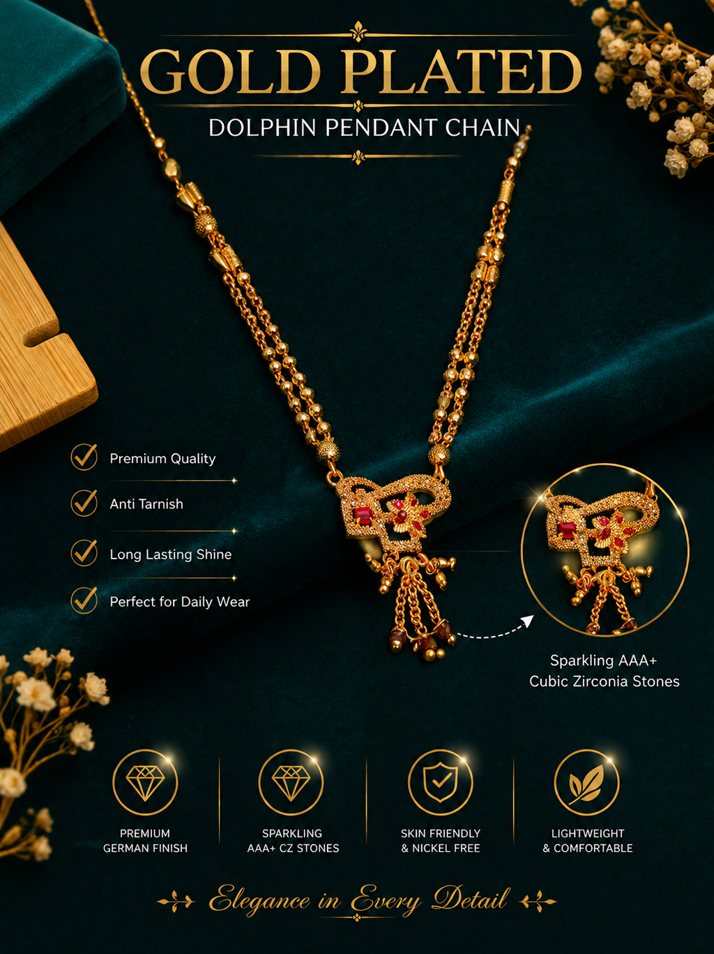 Damnstyle Gold Plated Ruby Floral Mangalsutra for Women & Girls