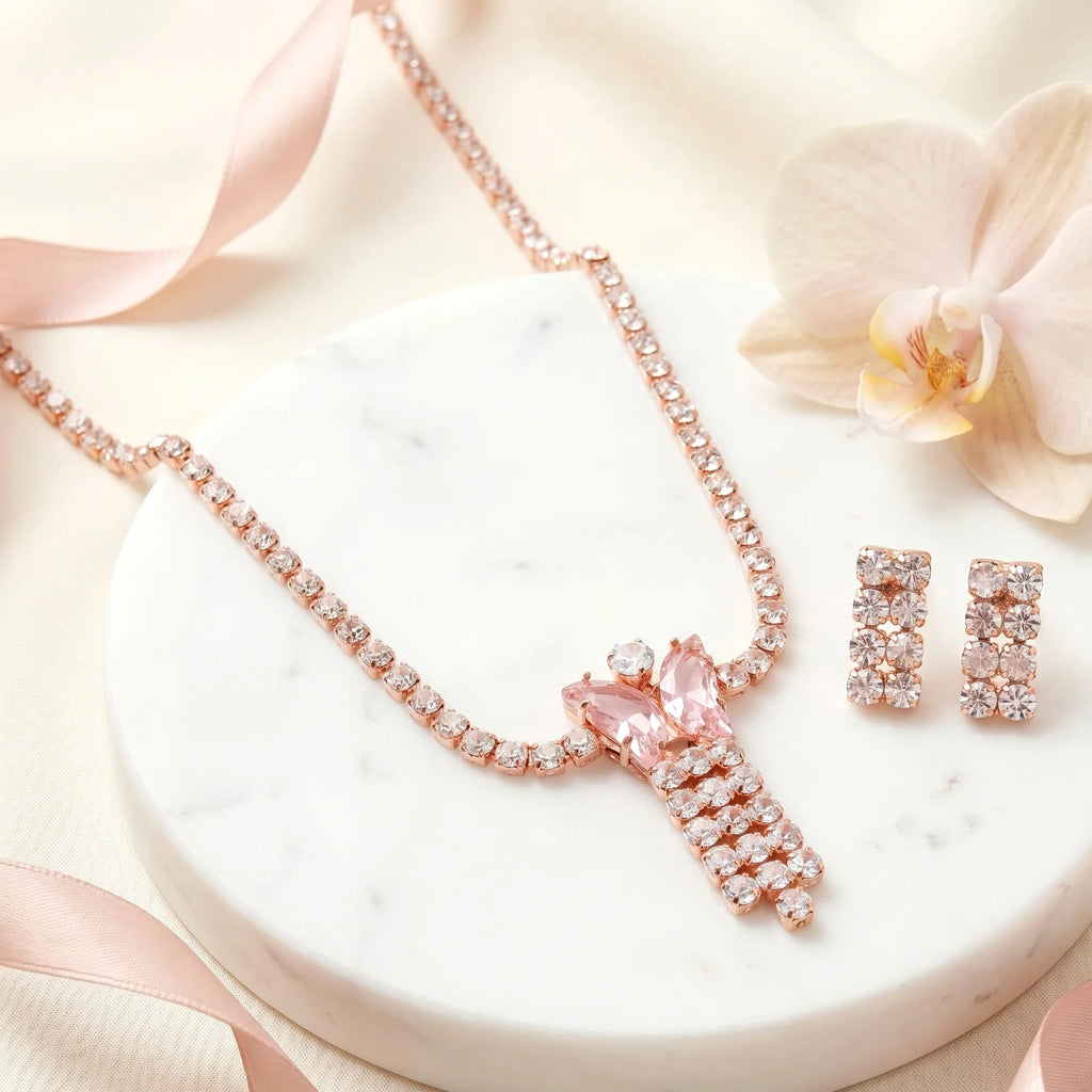 Damnstyle Necklace Anti-Tarnish Pink Butterfly Rhinestone Set With Earrings