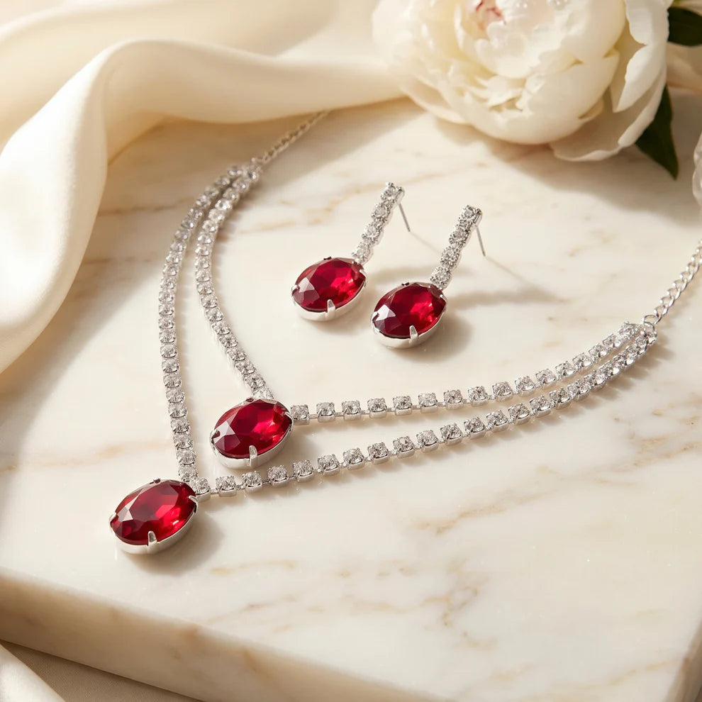 Damnstyle Anti-Tarnish Double Layer Crystal Jewellery Set With Earrings
