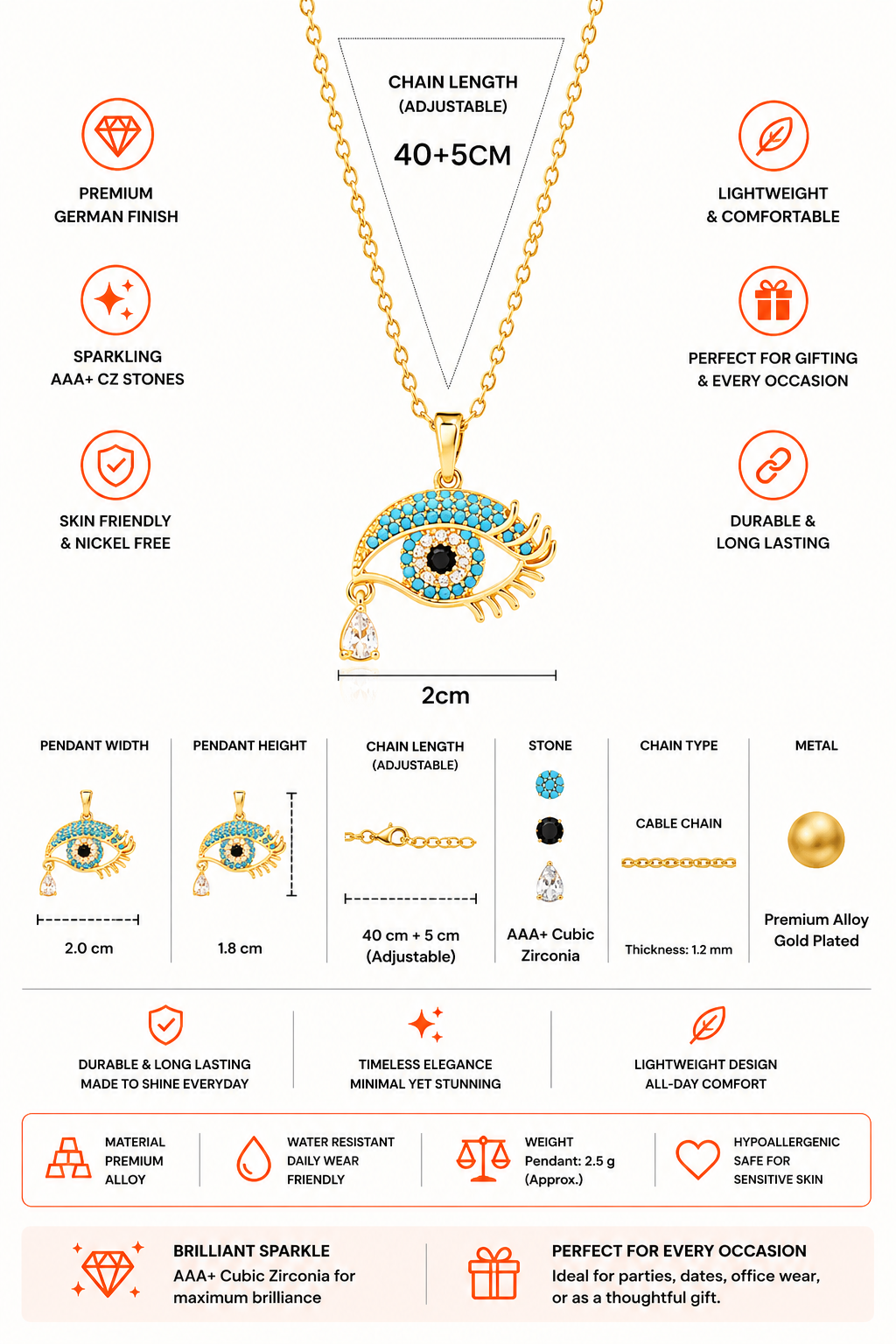 Damnstyle Stainless Steel Gold-Plated Evil Eye Protection Pendant
