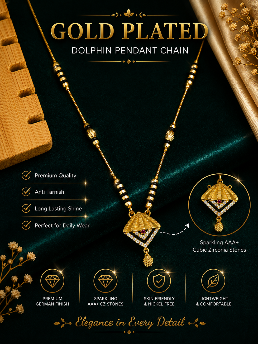 Damnstyle Women's Gold Plated Black Bead Mangalsutra with Diamond Pendant