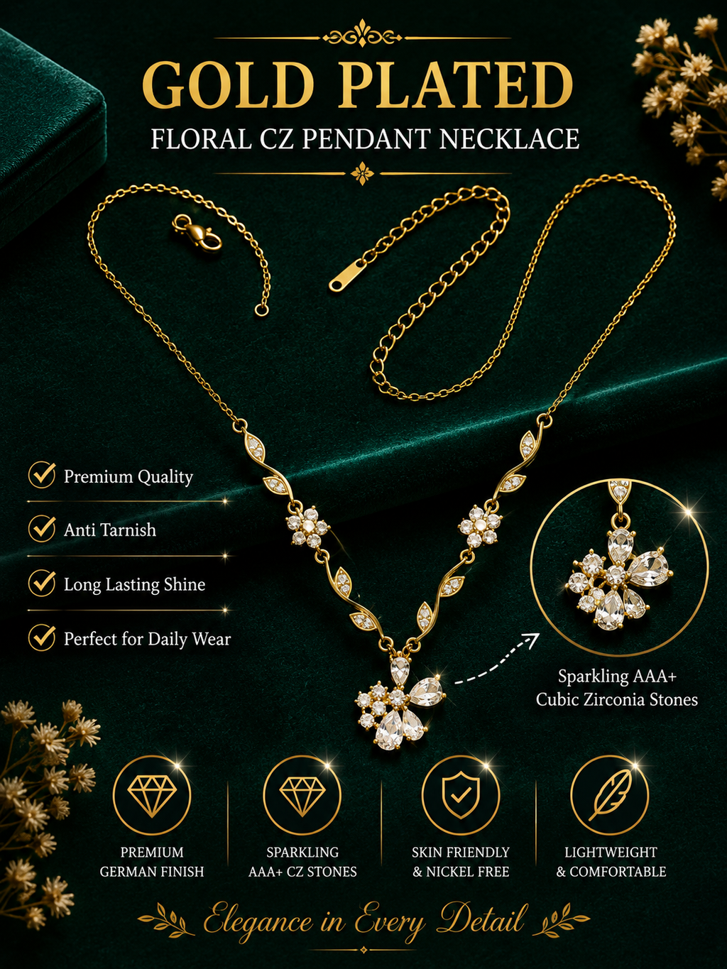 Gold Plated Floral Vine Pendant Necklace for Women