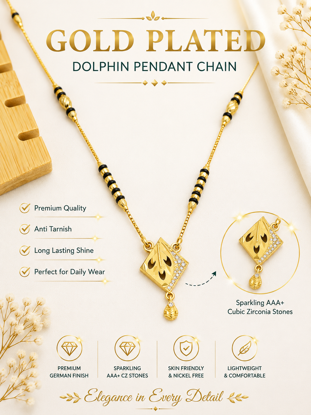 Damnstyle Gold Plated Black Bead Mangalsutra Pendant Necklace for Women