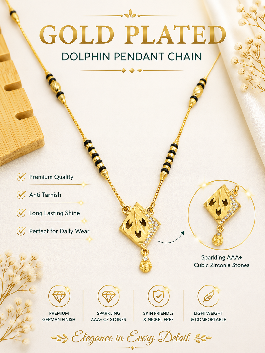 Damnstyle Gold Plated Black Bead Mangalsutra Pendant Necklace for Women