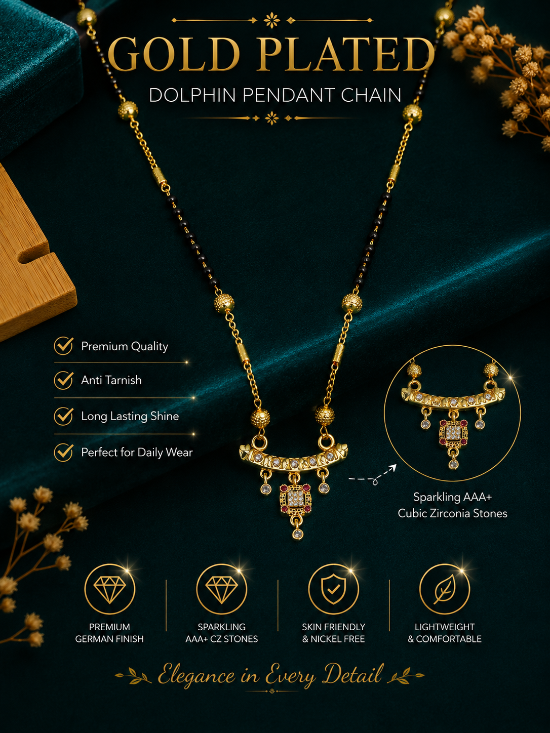 Damnstyle Gold Plated Black Bead Ruby CZ Mangalsutra for Women