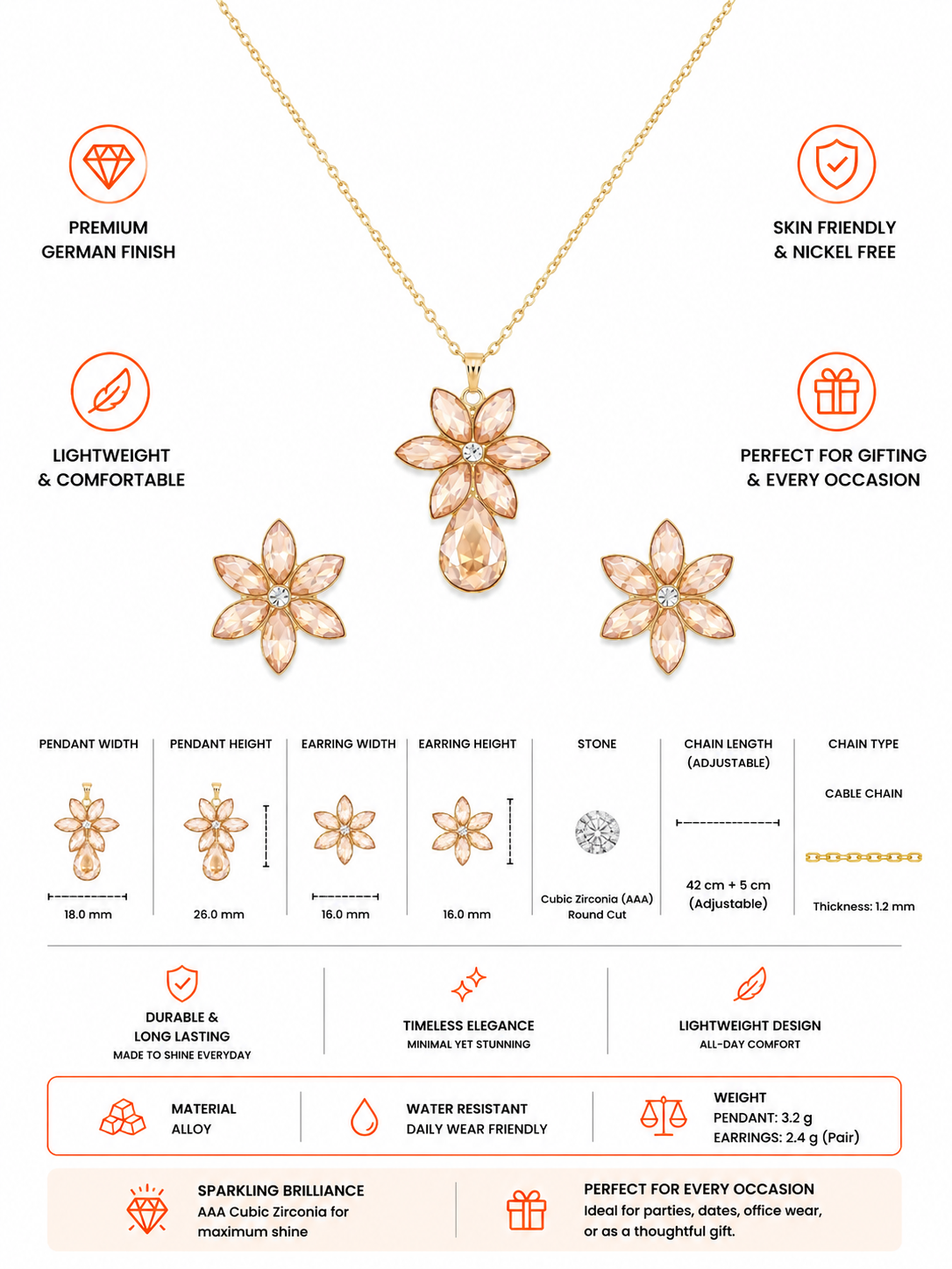 Damnstyle Anti-Tarnish Floral Crystal Teardrop Jewellery Set with Earrings