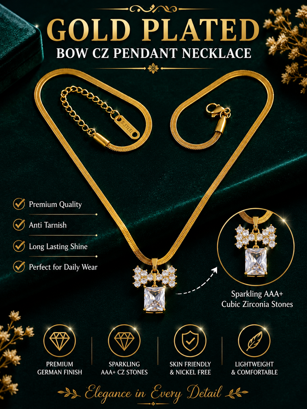 Premium Gold Plated Bow Crystal Pendant for Women