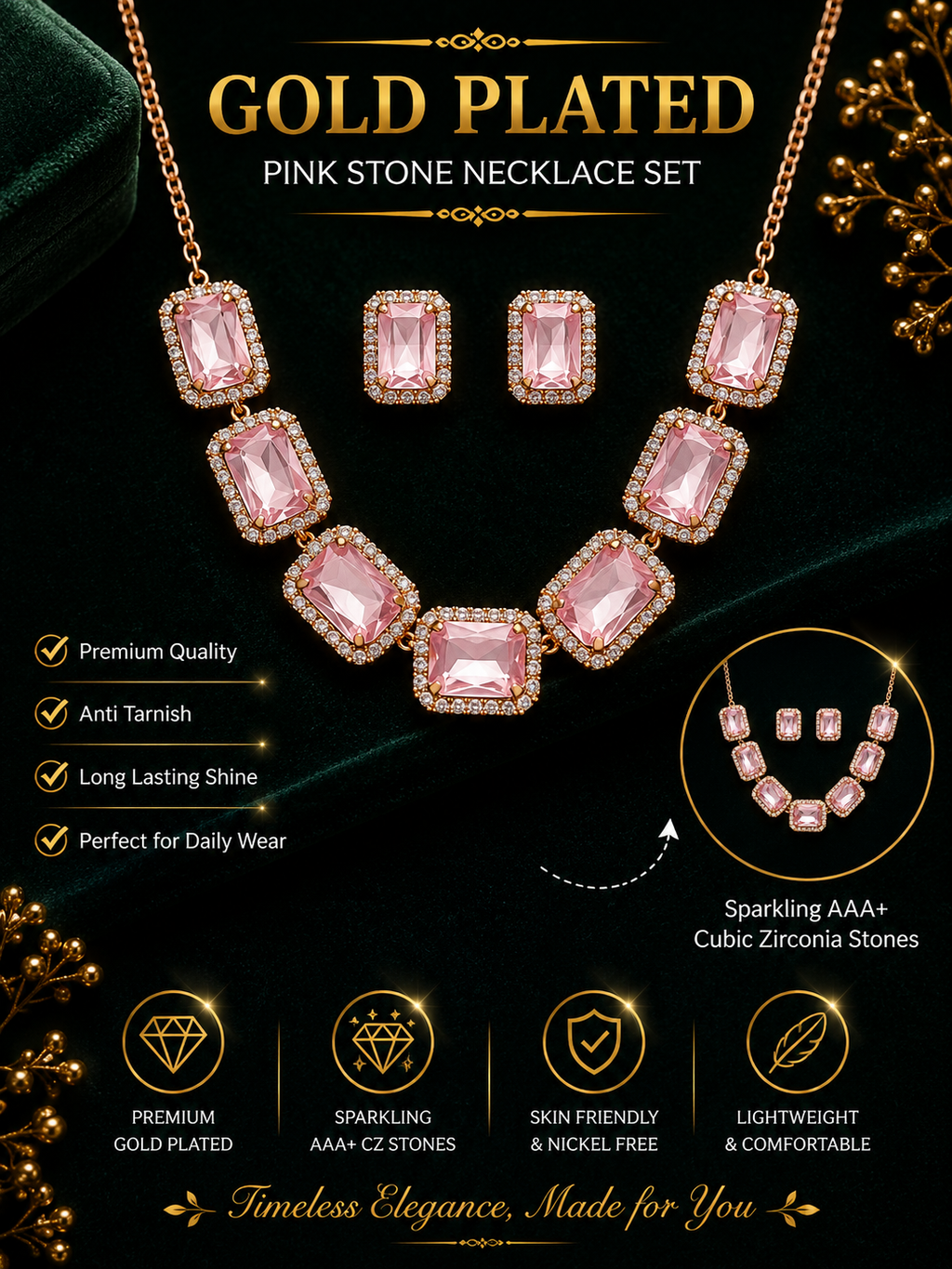 Damnstyle Necklace Anti-Tarnish Soft Pink Rectangle Crystal Set With Earrings