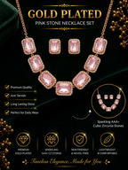 Damnstyle Necklace Anti-Tarnish Soft Pink Rectangle Crystal Set With Earrings