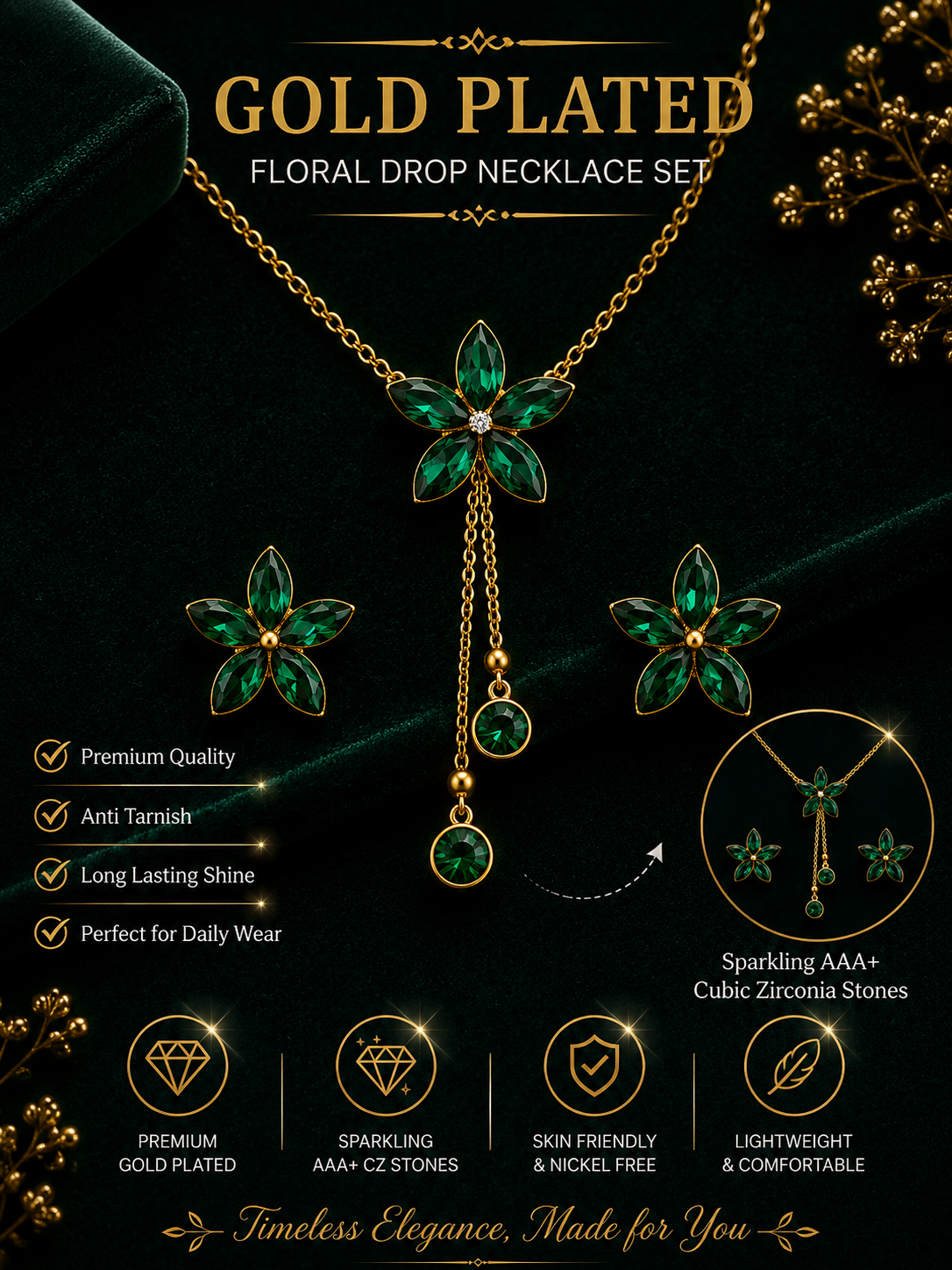 Damnstyle Necklace Anti-Tarnish Flower Set with Earrings
