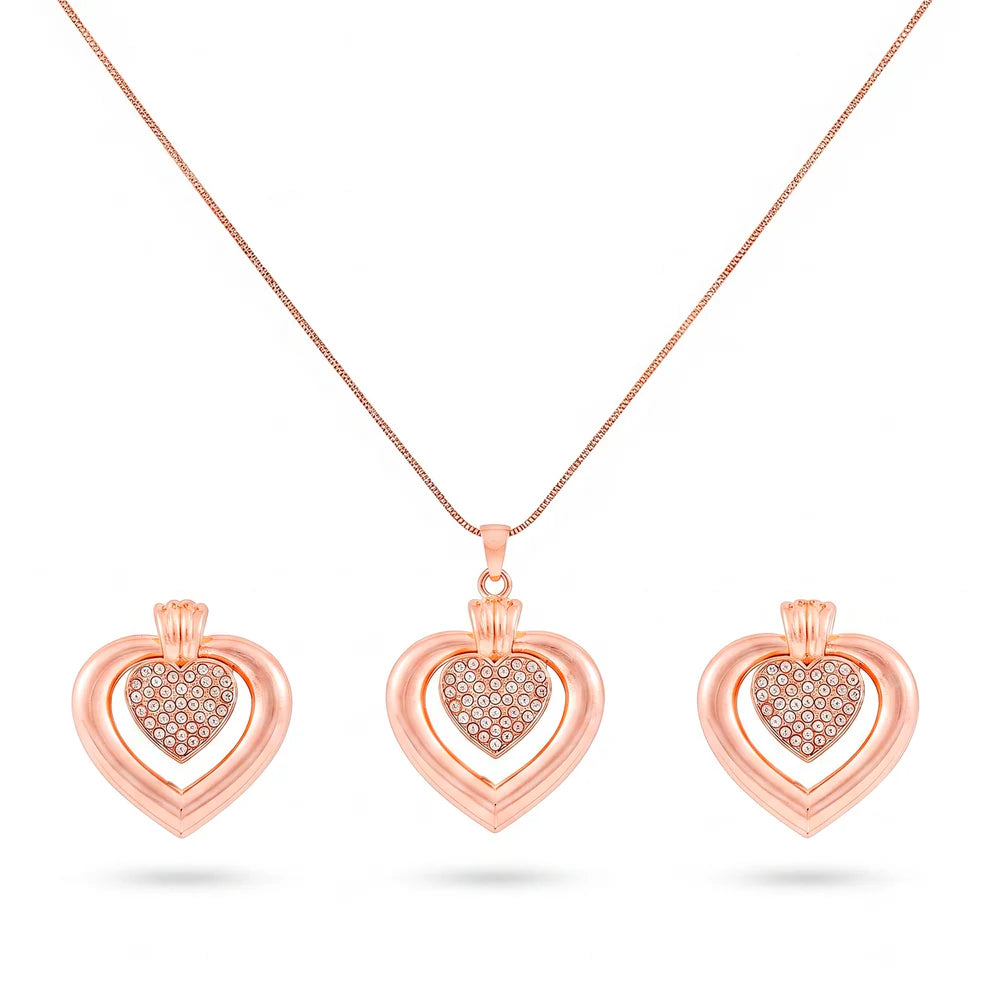 Damnstyle Anti-Tarnish Double Studded Heart Jewellery Set With Earrings
