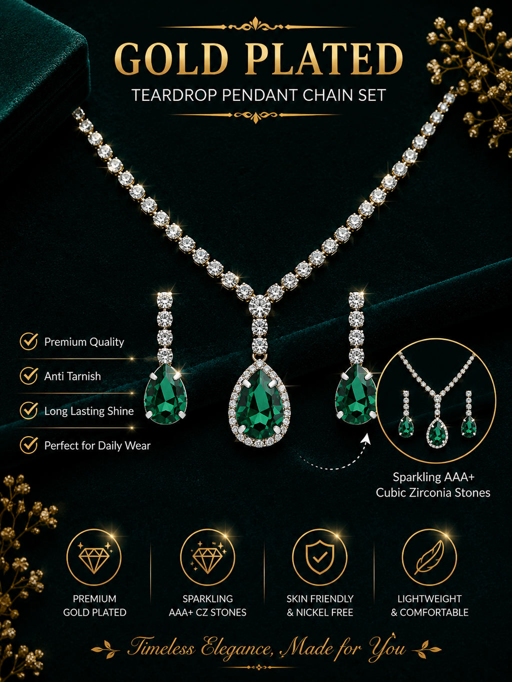 Damnstyle Necklace Anti-Tarnish Emerald Teardrop Crystal Set With Earrings