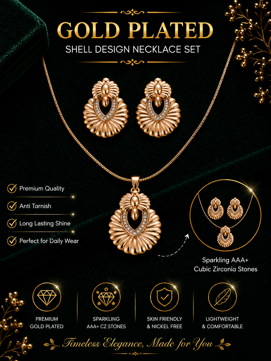 Damnstyle Necklace Anti-Tarnish Ethnic Embossed Shell Crystal Studded Set With Earrings