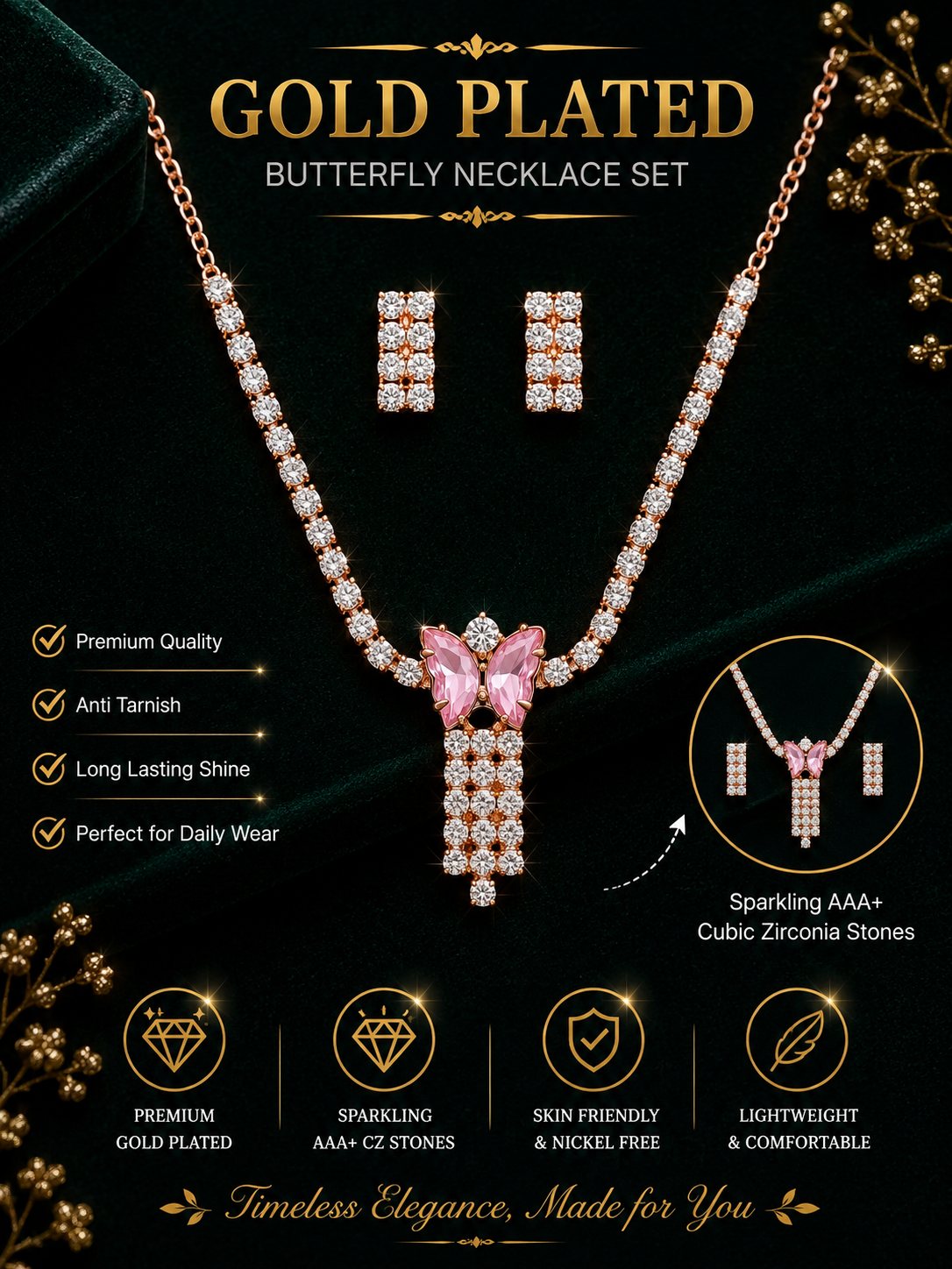 Damnstyle Necklace Anti-Tarnish Pink Butterfly Rhinestone Set With Earrings