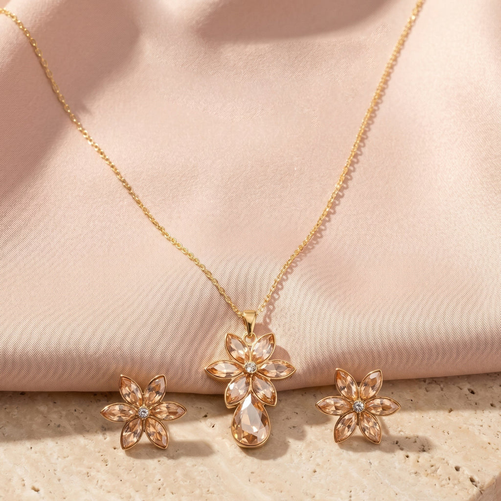 Damnstyle Anti-Tarnish Floral Crystal Teardrop Jewellery Set with Earrings