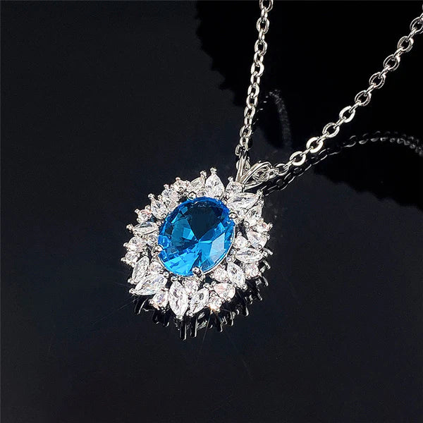 Damnstyle Silver-Plated Anti-Tarnish American Diamond Blue Oval Pendant