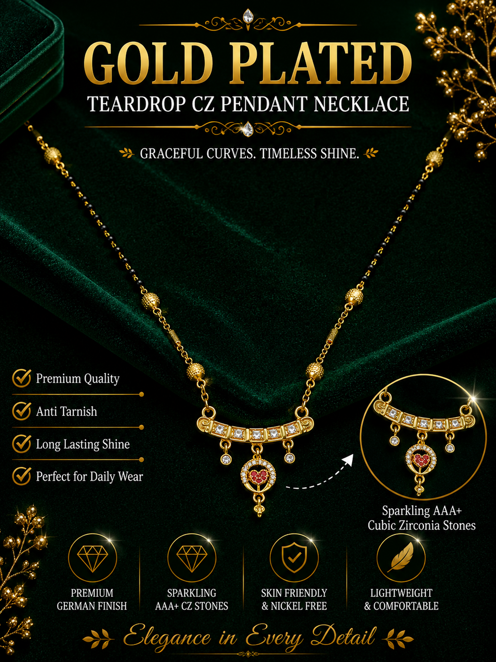 Damnstyle Gold Plated Black Bead Heart Charm Mangalsutra for Women