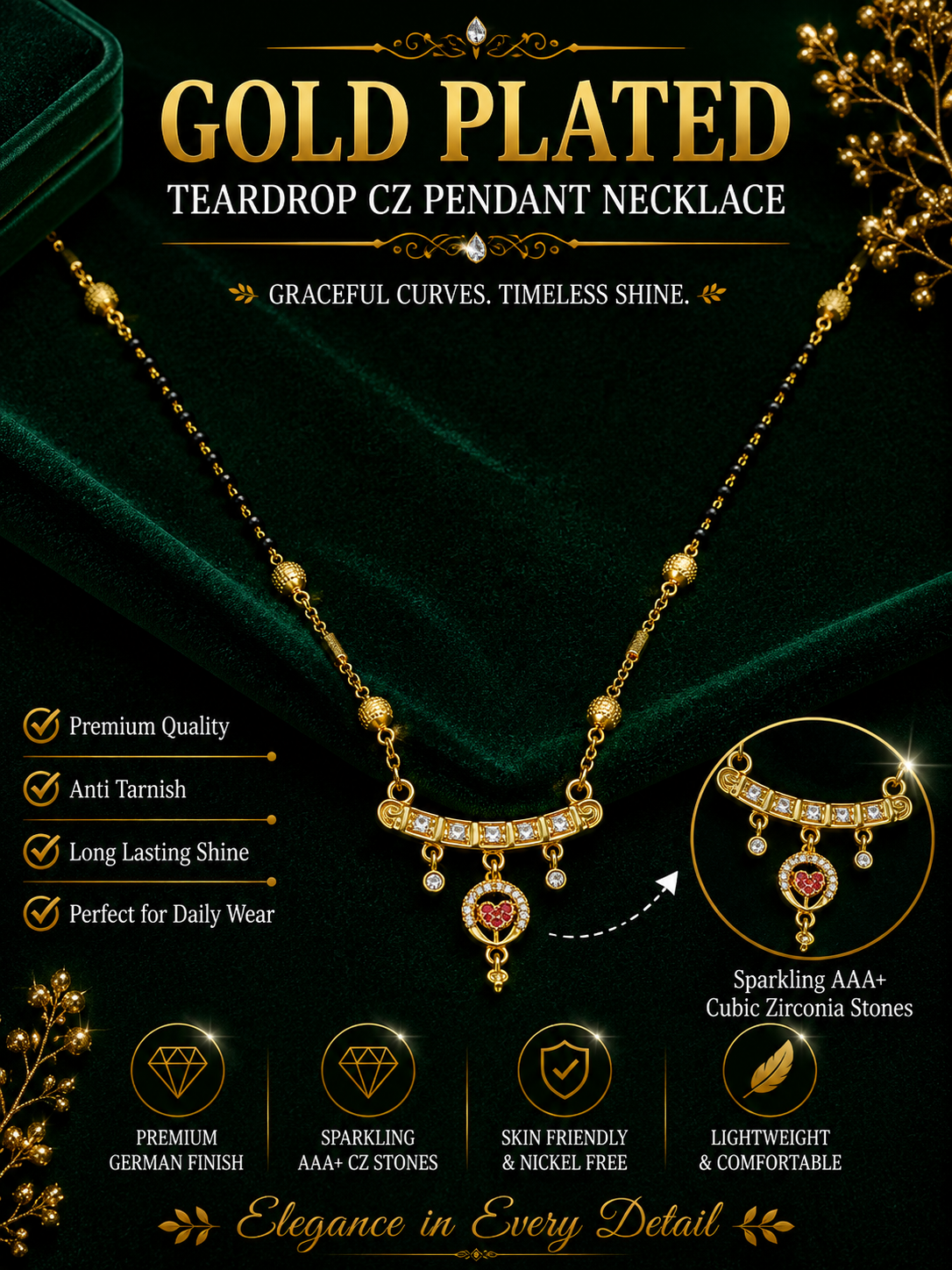 Damnstyle Gold Plated Black Bead Heart Charm Mangalsutra for Women