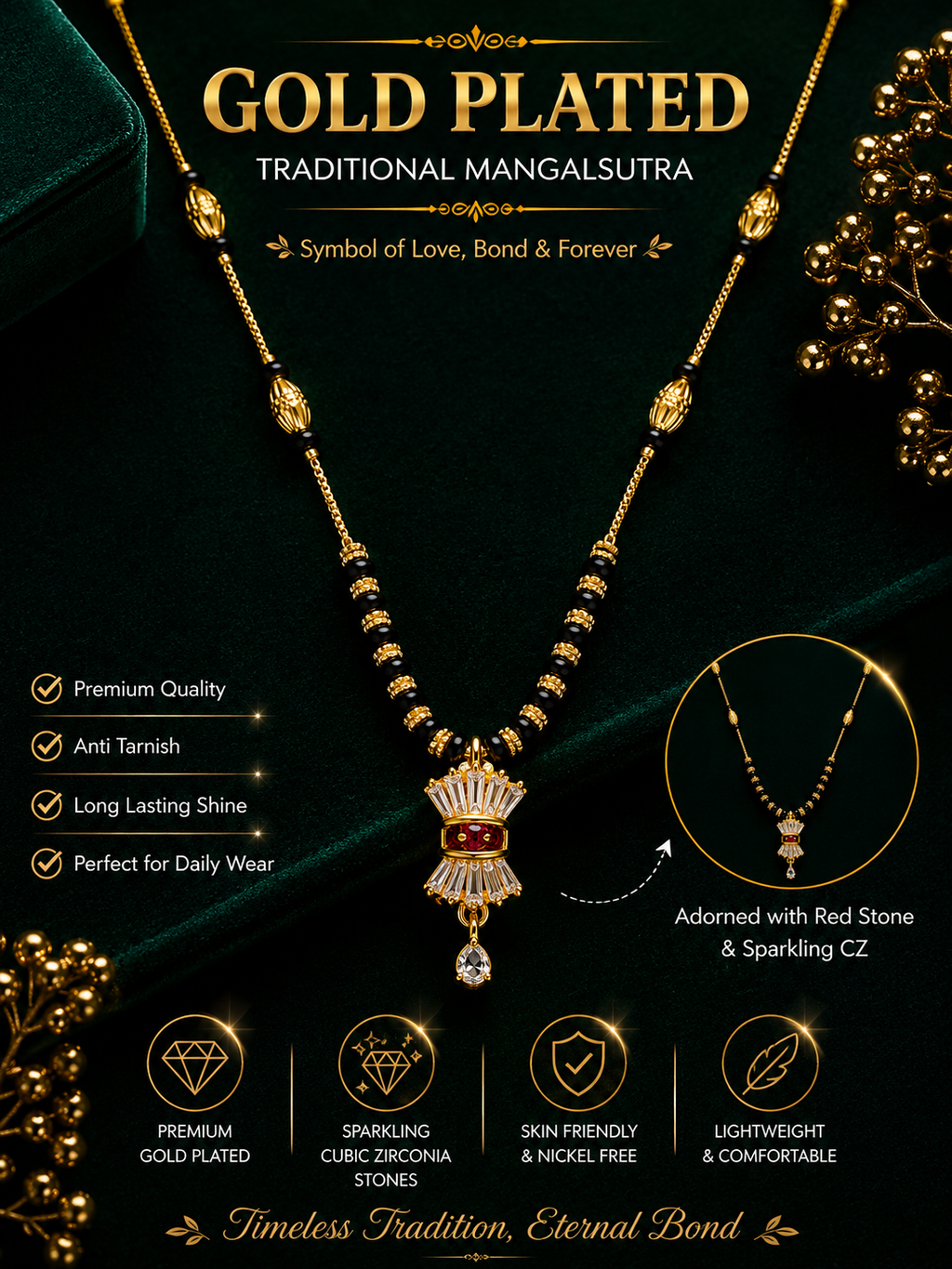 Damnstyle Gold Plated Black Bead CZ Studded Mangalsutra for Women