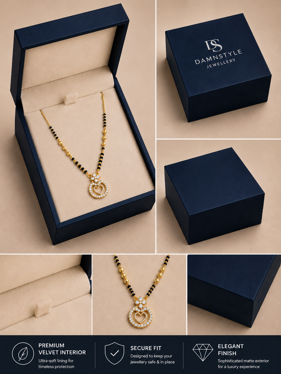 Damnstyle Gold Plated Black Bead AD Mangalsutra for Women