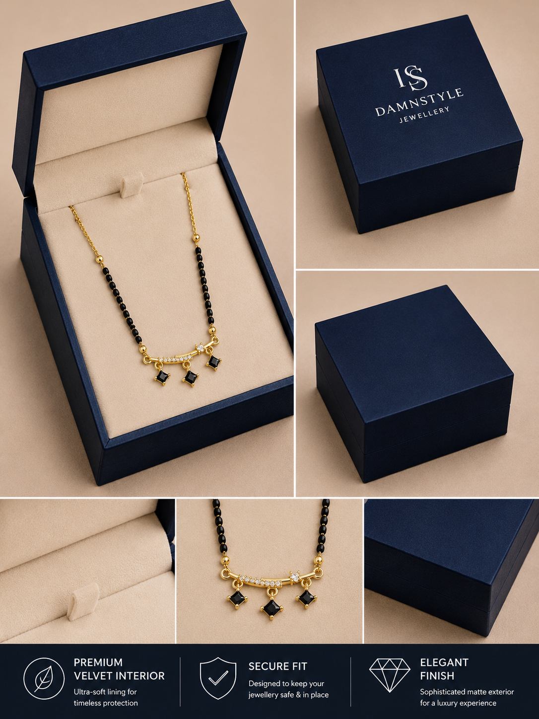 Damnstyle Gold Plated Black Bead CZ Drop Mangalsutra for Women & Girls