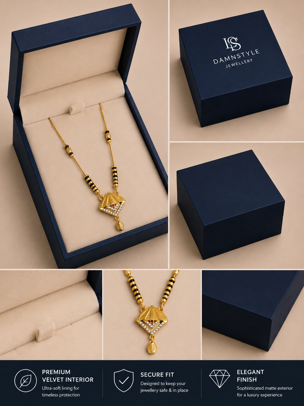 Damnstyle Women's Gold Plated Black Bead Mangalsutra with Diamond Pendant