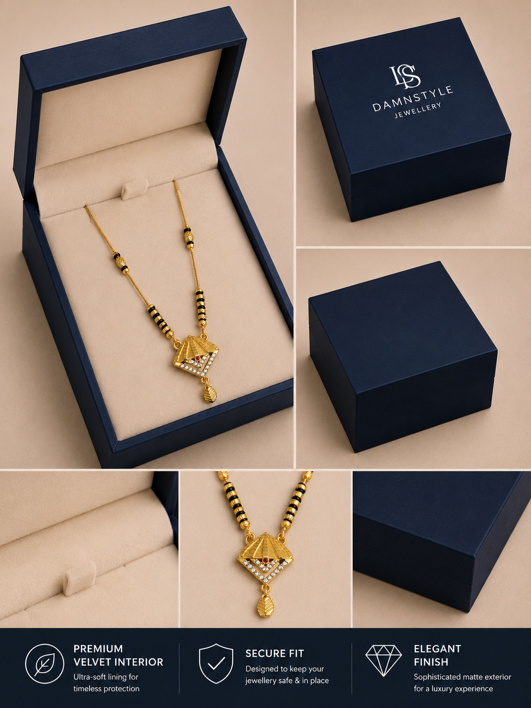 Damnstyle Women's Gold Plated Black Bead Mangalsutra with Diamond Pendant