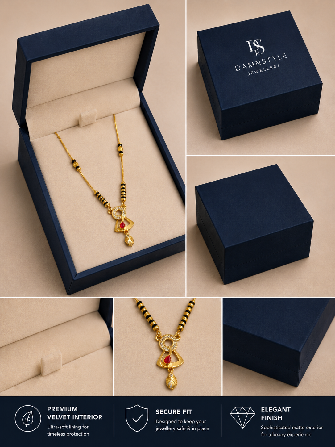 Damnstyle Women's Gold Plated Black Bead Mangalsutra with Designer Pendant