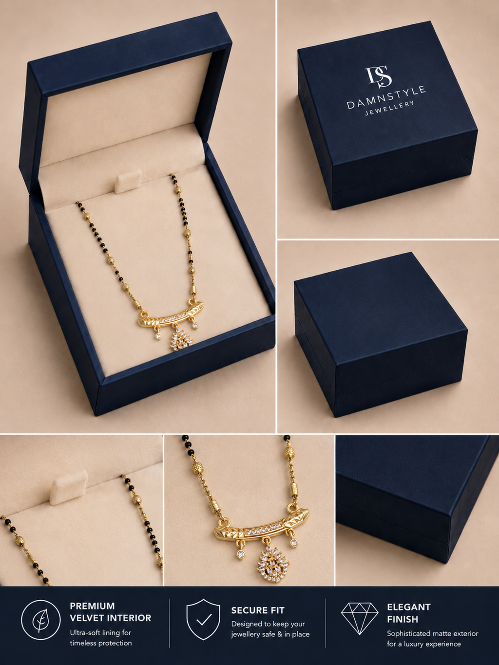 Damnstyle Gold Plated Black Bead Floral Mangalsutra for Women