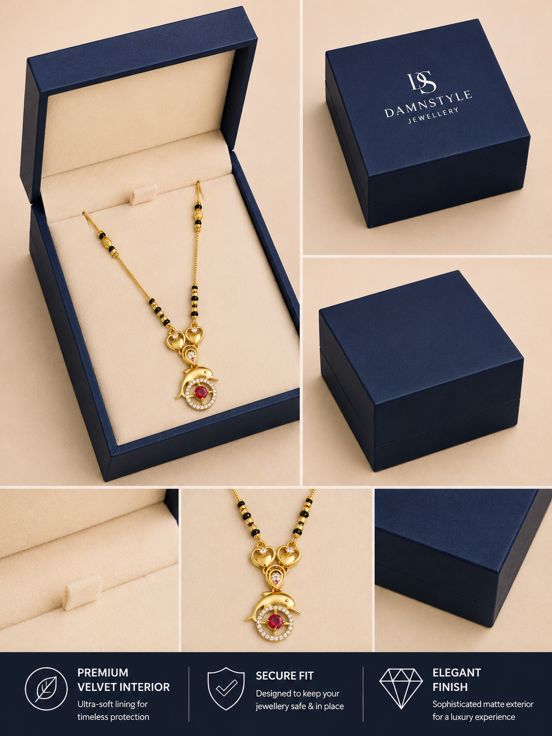 Damnstyle Gold Plated Heart Ruby Black Bead Mangalsutra for Women