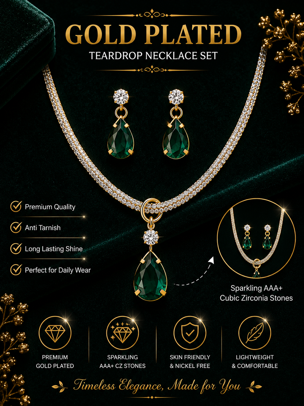 Damnstyle Necklace Anti-Tarnish Drop-Shaped Crystal Pendant Set With Earrings