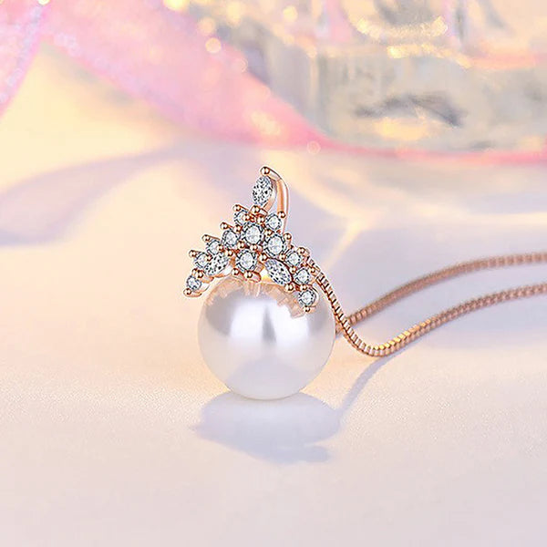 Damnstyle Rose Gold-Plated AD & Pearl Studded Crown Korean Pendant