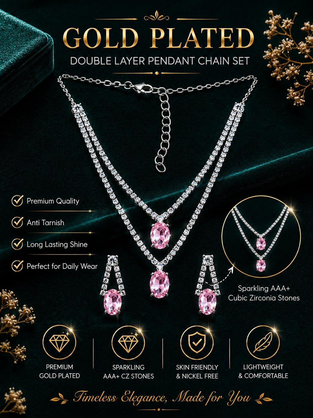 Damnstyle Anti-Tarnish Double Layer Crystal Jewellery Set With Earring