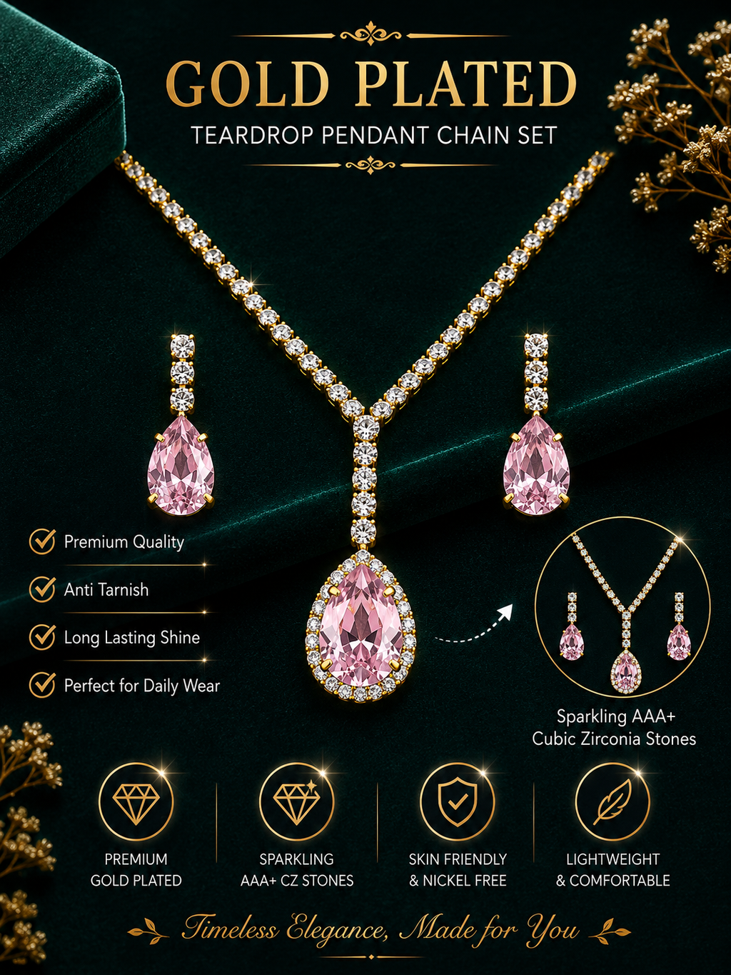 Damnstyle Anti-Tarnish Vintage Rose Rhinestone Set With Earrings