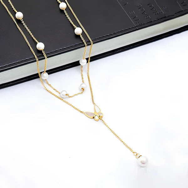Damnstyle Gold-Plated Stainless Steel Pearl Studded Butterfly Pendant