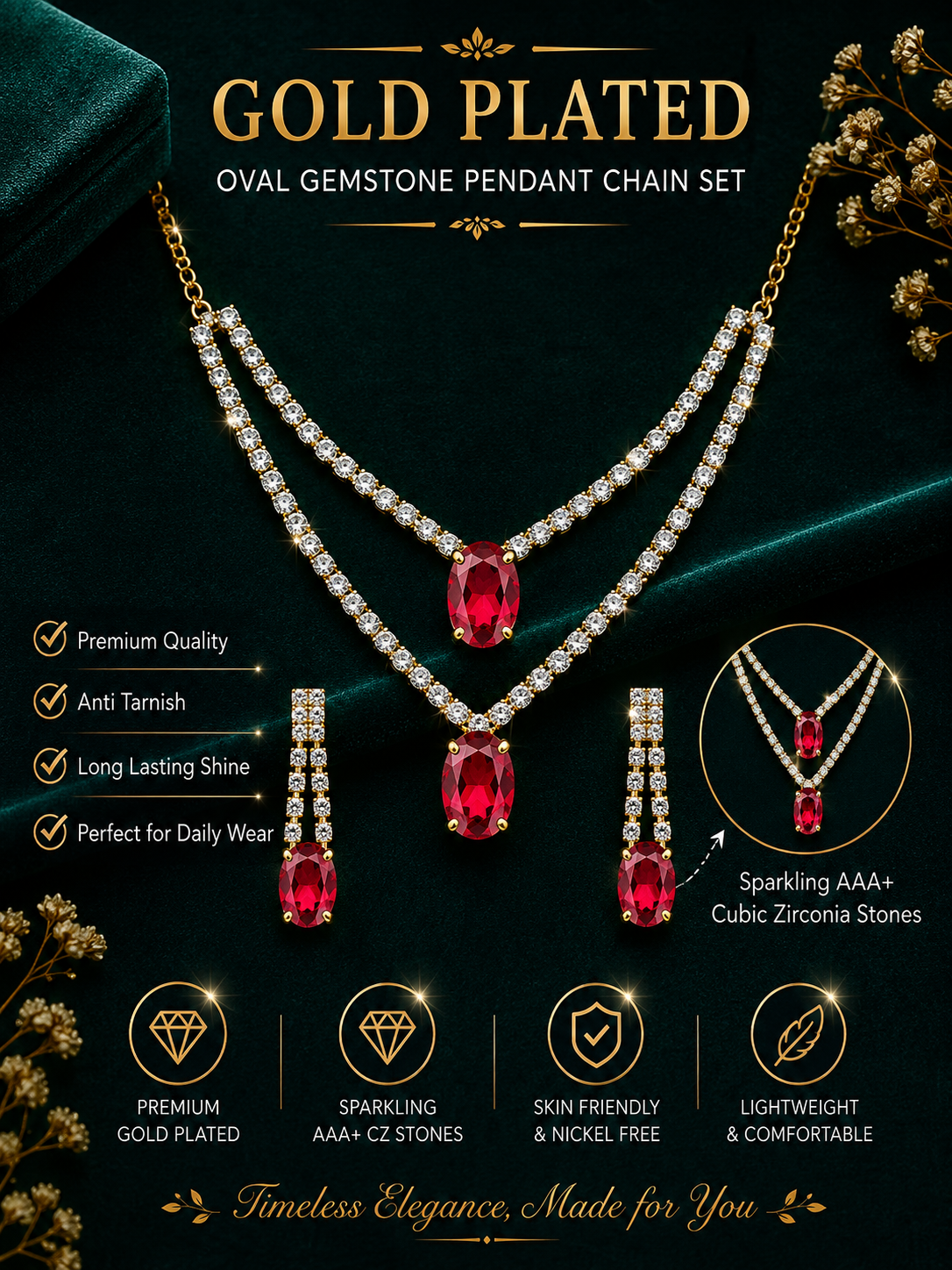 Damnstyle Anti-Tarnish Double Layer Crystal Jewellery Set With Earrings